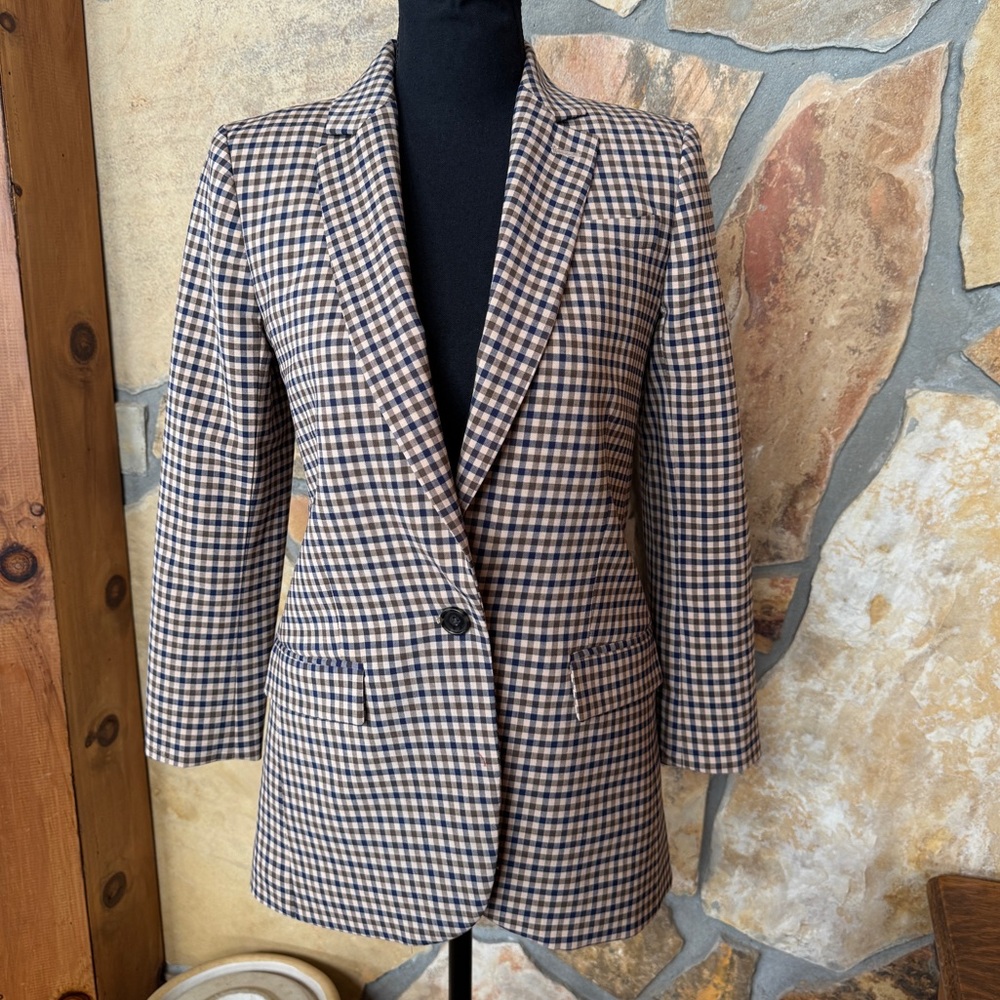 J Crew Alfie Blazer Italian Stretch Wool Honey Plaid (Sz 0P) - Picture 3 of 17